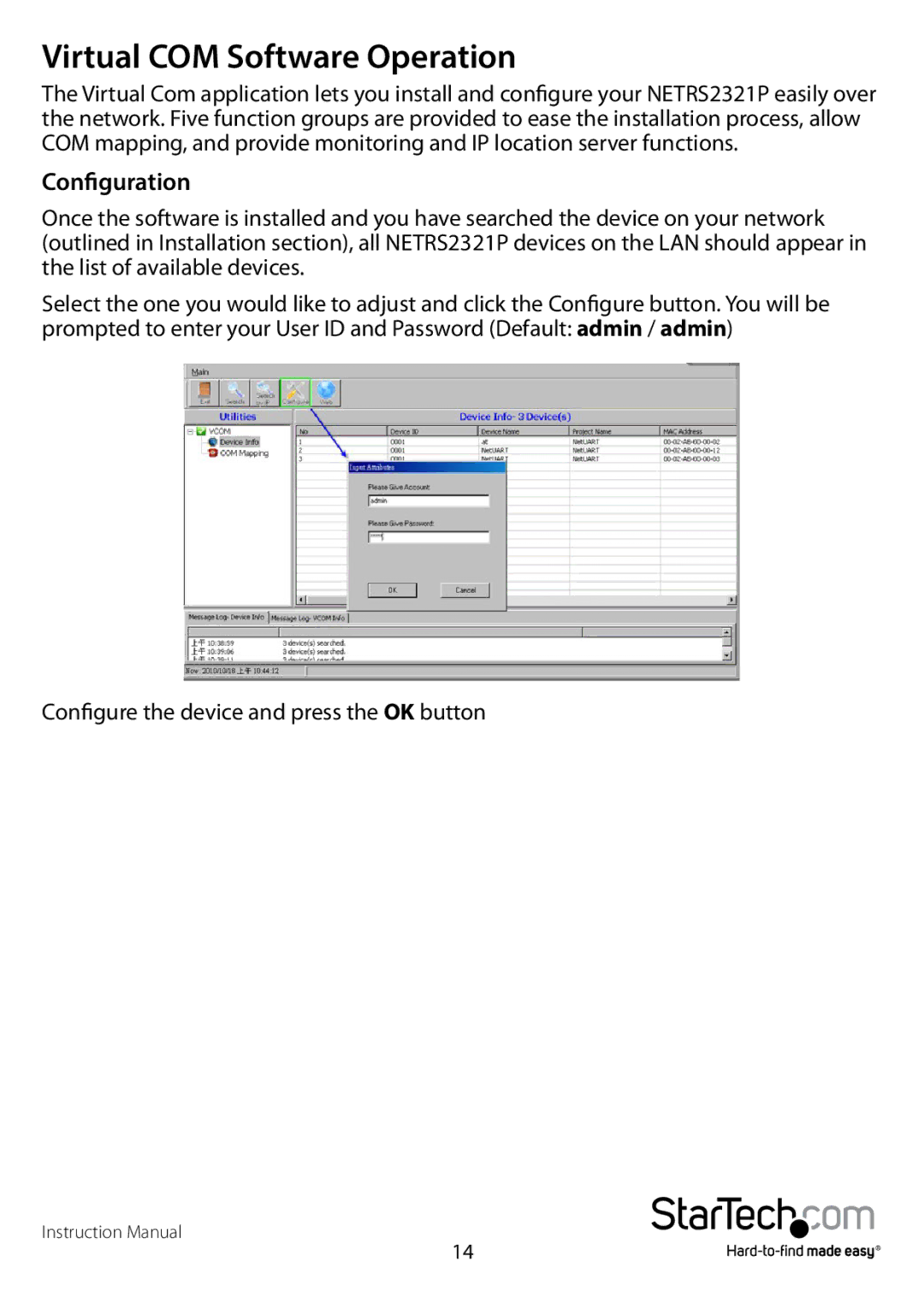 StarTech.com NETRS2321P manual Virtual COM Software Operation, Configuration 