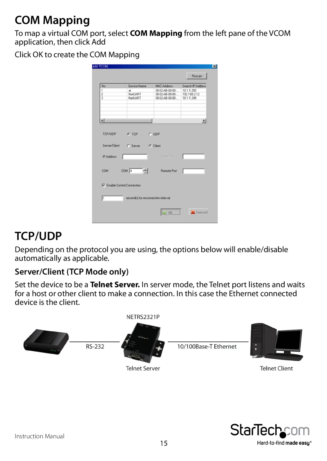 StarTech.com NETRS2321P manual COM Mapping, Server/Client TCP Mode only 