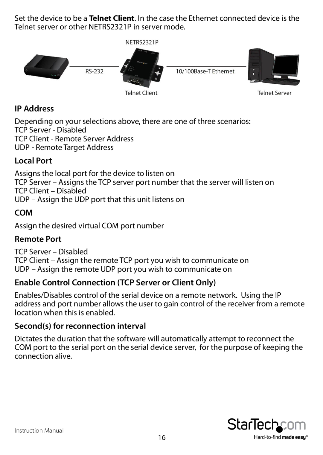 StarTech.com NETRS2321P manual IP Address, Remote Port, Enable Control Connection TCP Server or Client Only 