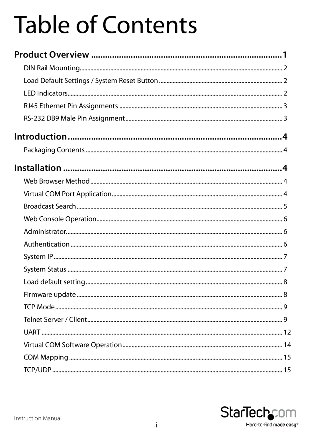 StarTech.com NETRS2321P manual Table of Contents 