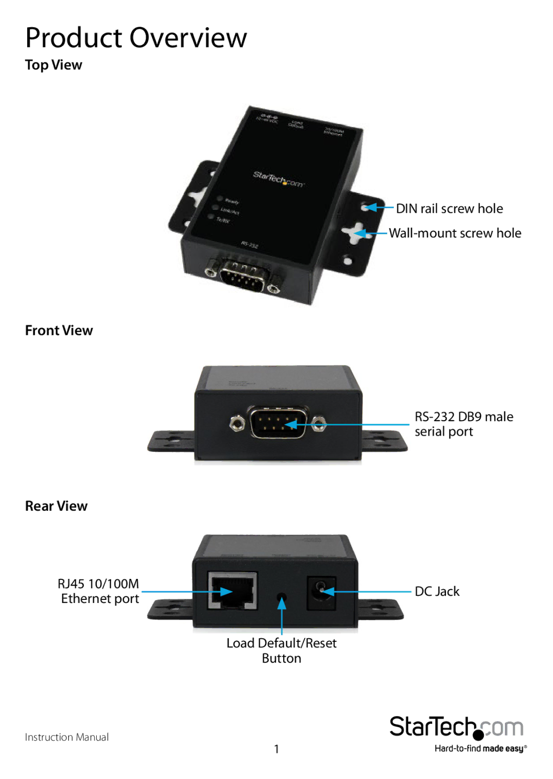 StarTech.com NETRS2321P manual Product Overview, Top View, Front View, Rear View 