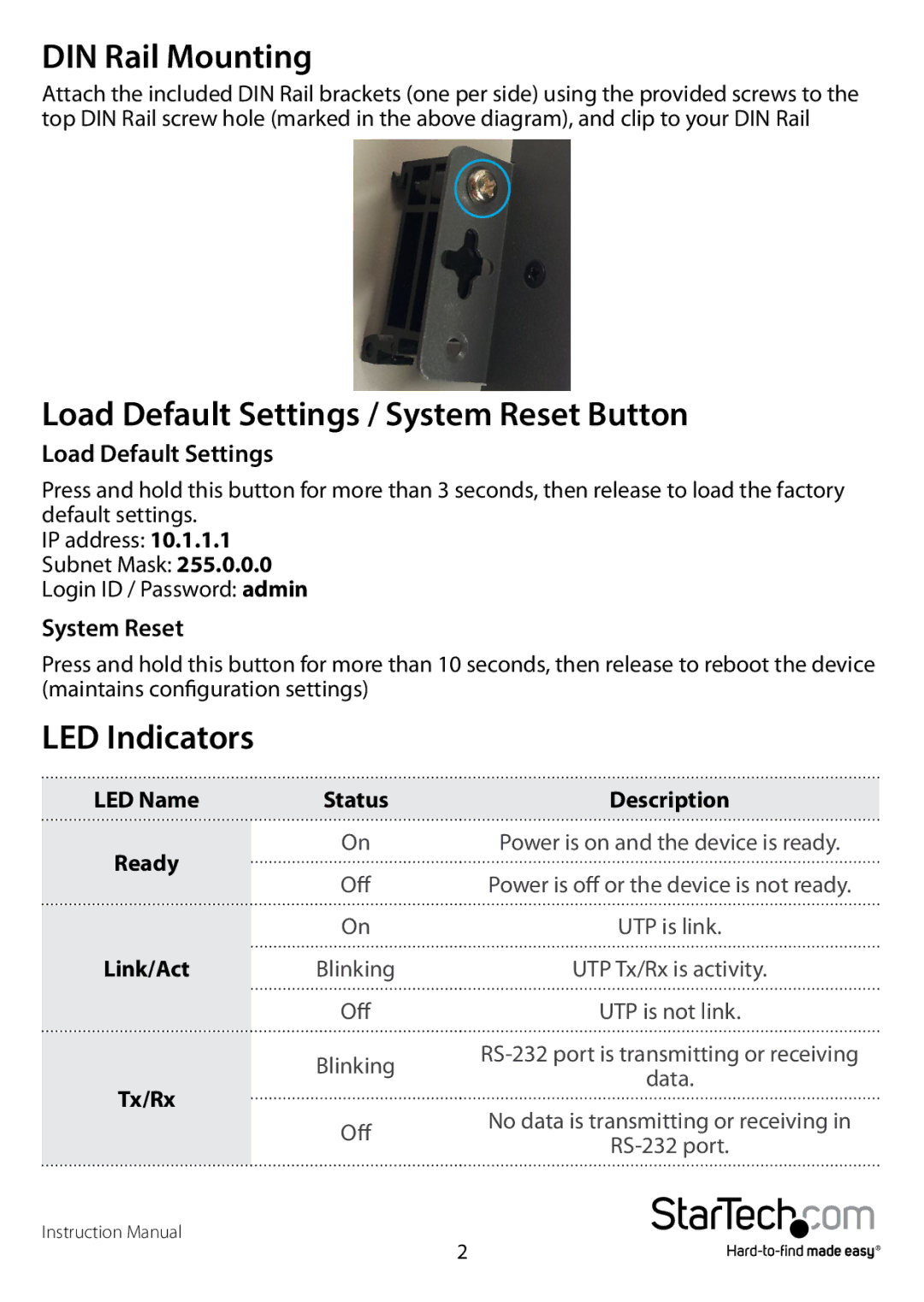 StarTech.com NETRS2321P manual DIN Rail Mounting, Load Default Settings / System Reset Button, LED Indicators 