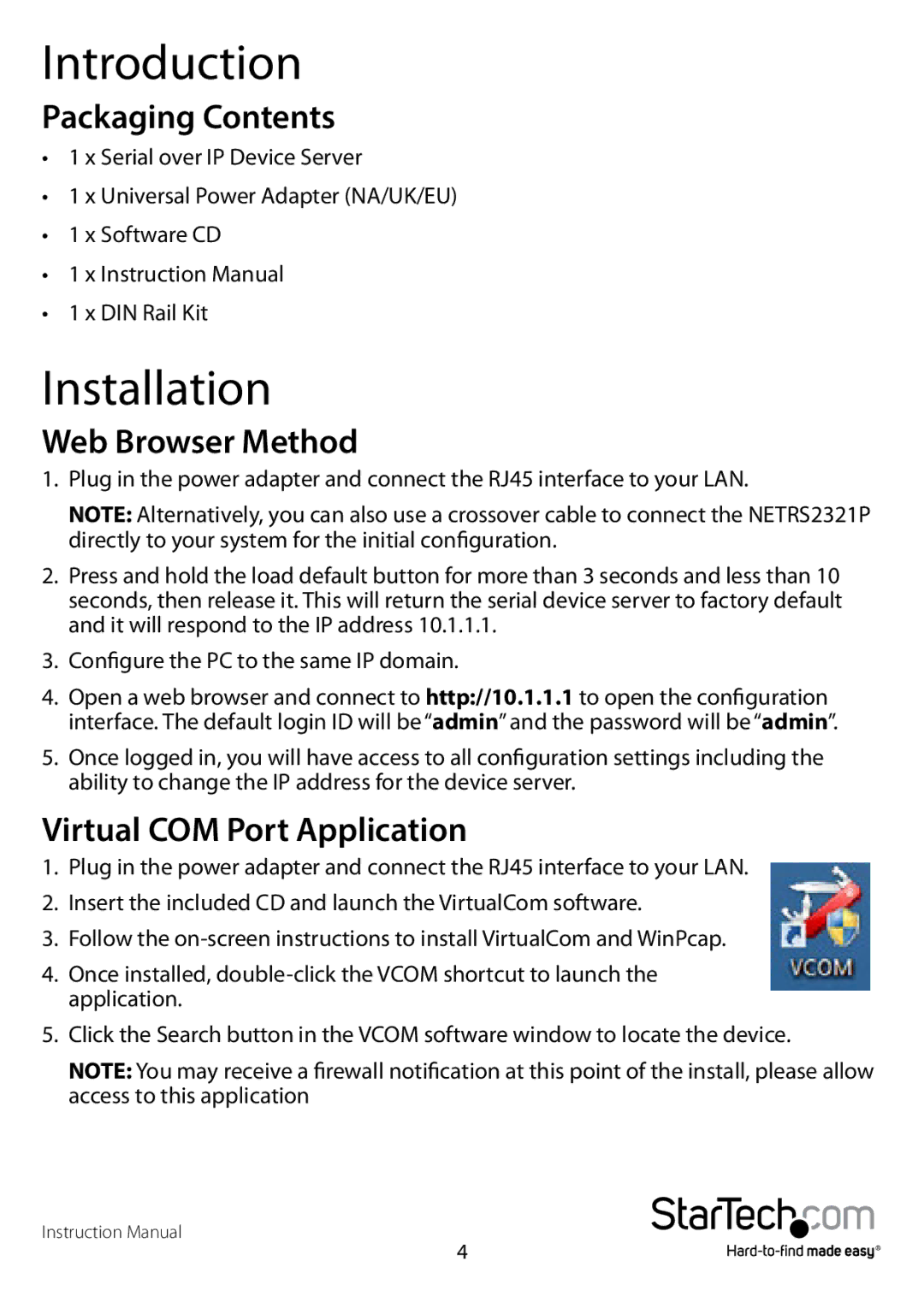 StarTech.com NETRS2321P Introduction, Installation, Packaging Contents, Web Browser Method, Virtual COM Port Application 