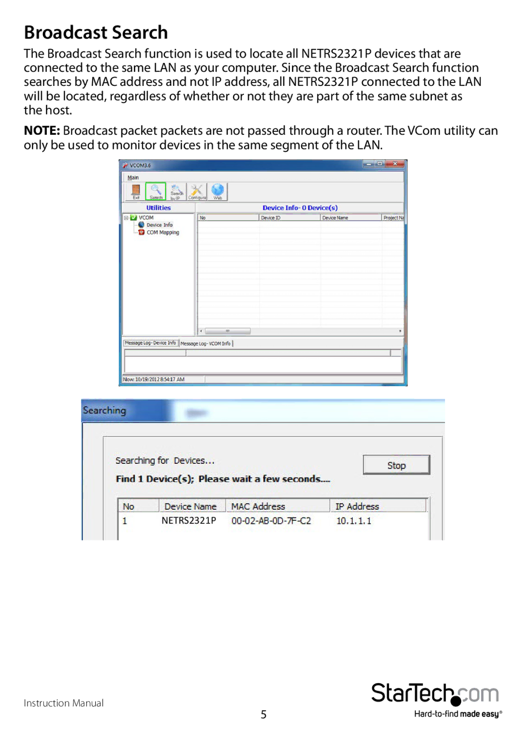 StarTech.com NETRS2321P manual Broadcast Search 