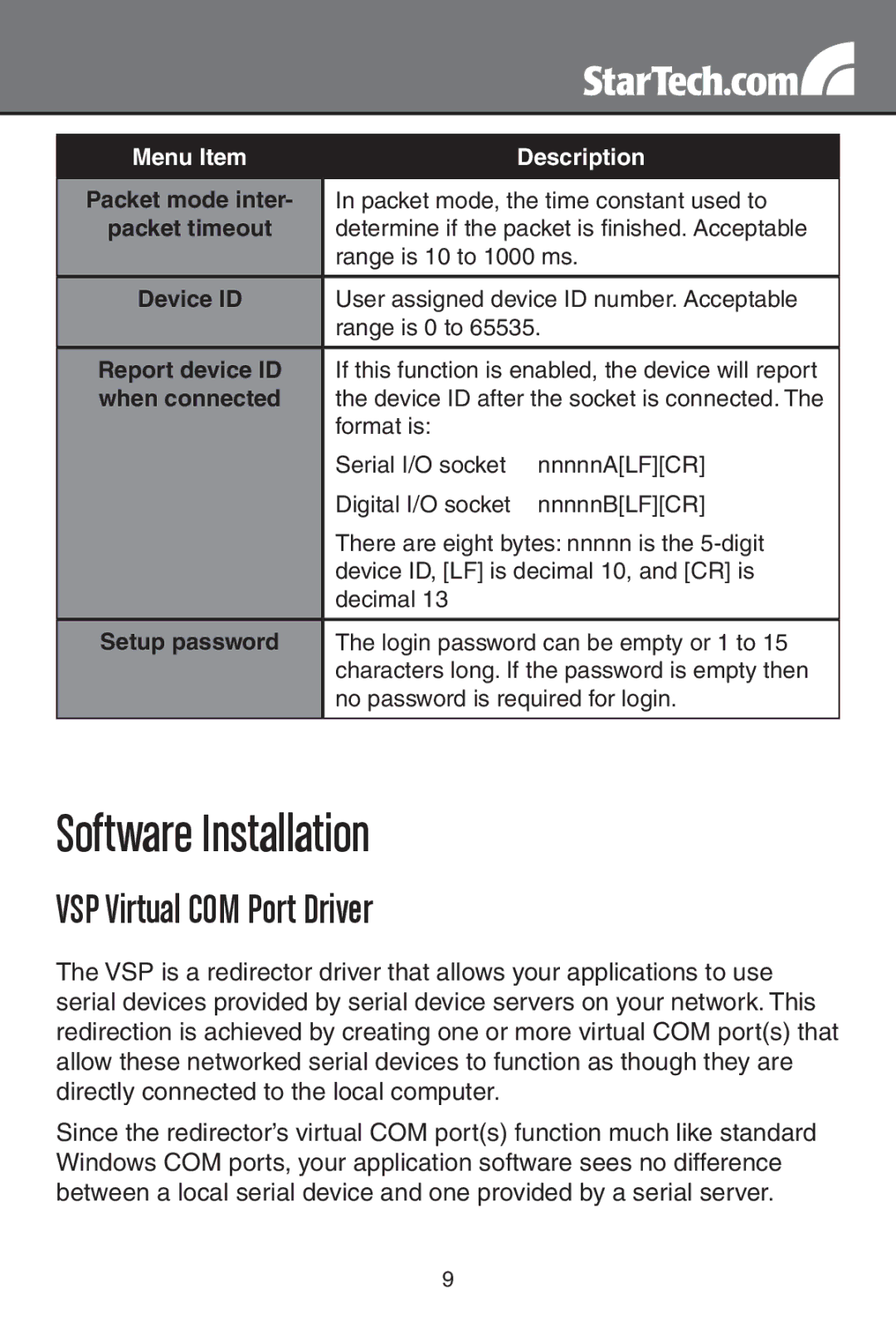 StarTech.com NETRS2321POE instruction manual Software Installation, VSP Virtual COM Port Driver 