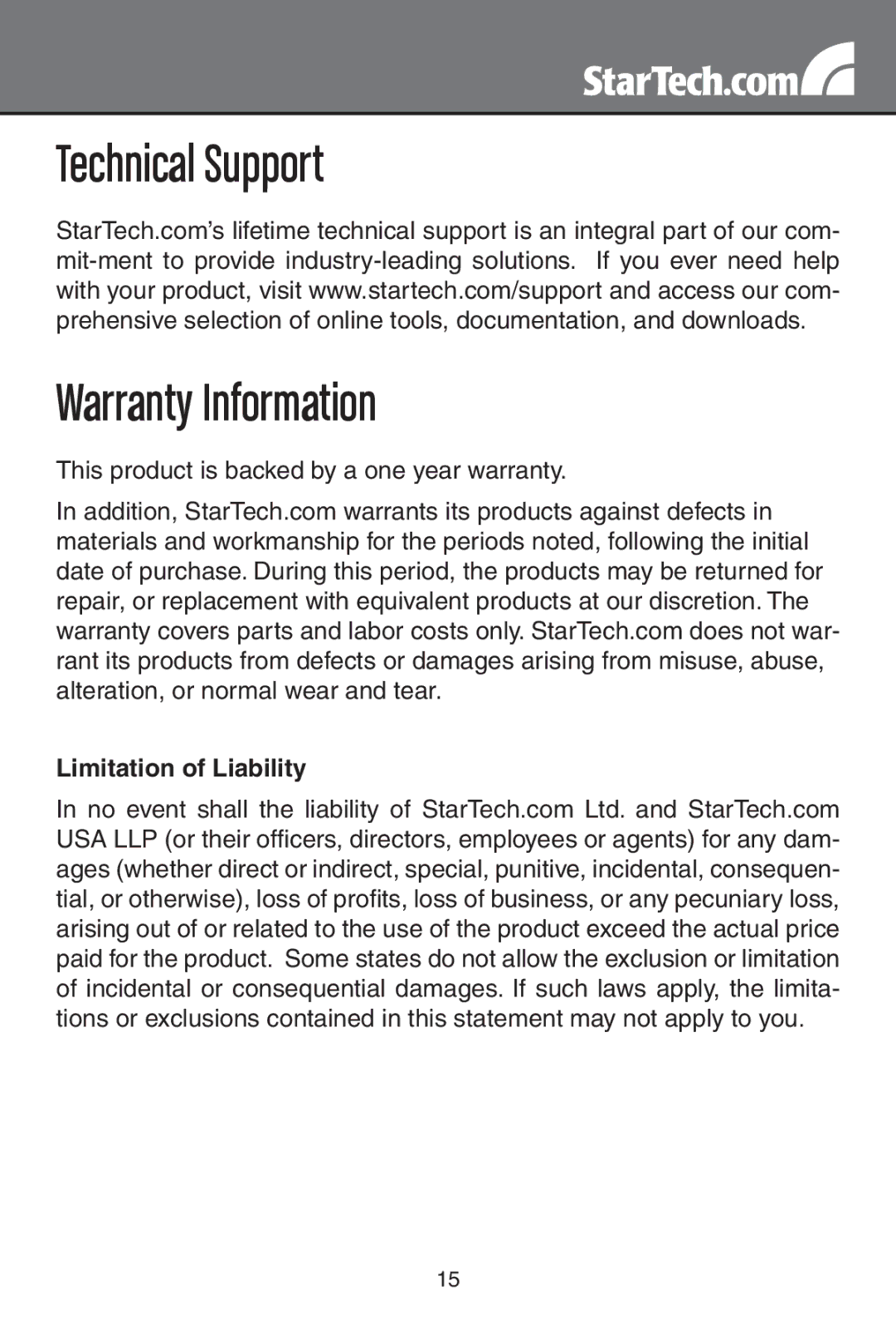 StarTech.com NETRS2321POE instruction manual Technical Support Warranty Information, Limitation of Liability 