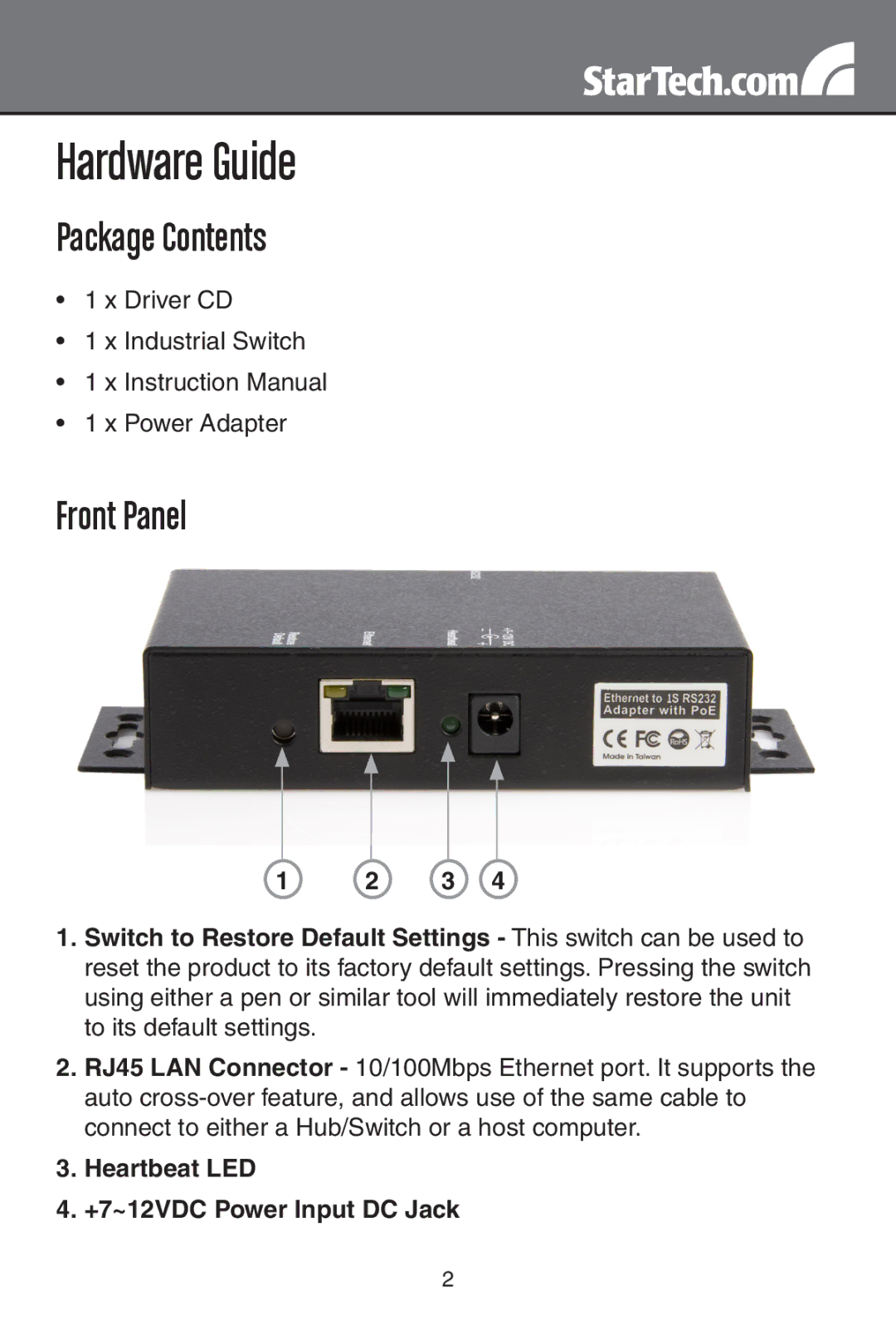 StarTech.com NETRS2321POE Hardware Guide, Package Contents, Front Panel, Heartbeat LED +7~12VDC Power Input DC Jack 