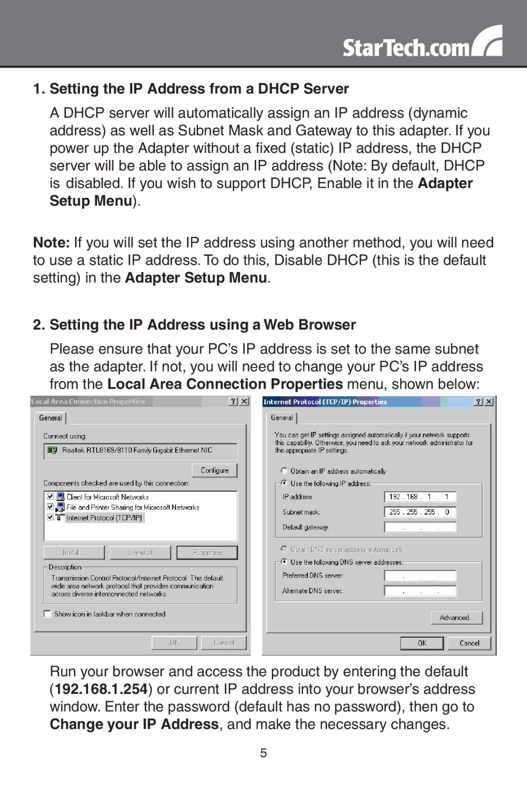 StarTech.com NETRS2321POE Setting the IP Address from a Dhcp Server, Setting the IP Address using a Web Browser 