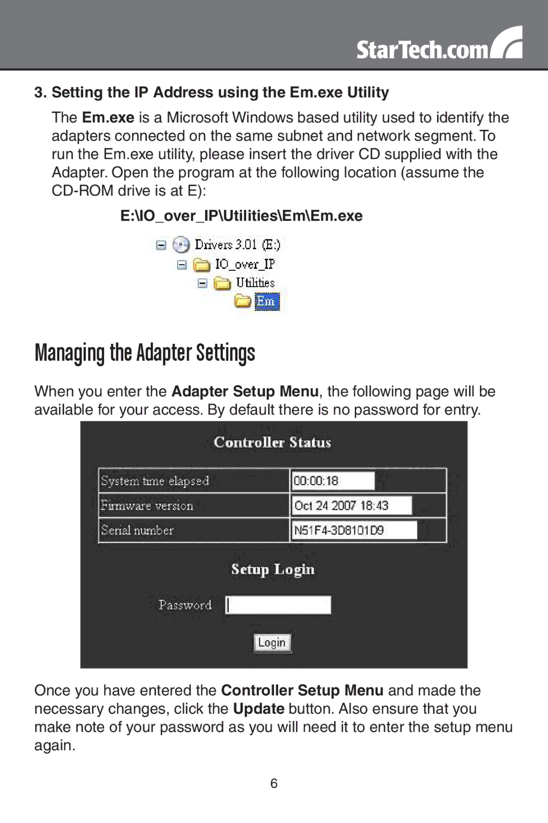 StarTech.com NETRS2321POE instruction manual Managing the Adapter Settings, Setting the IP Address using the Em.exe Utility 