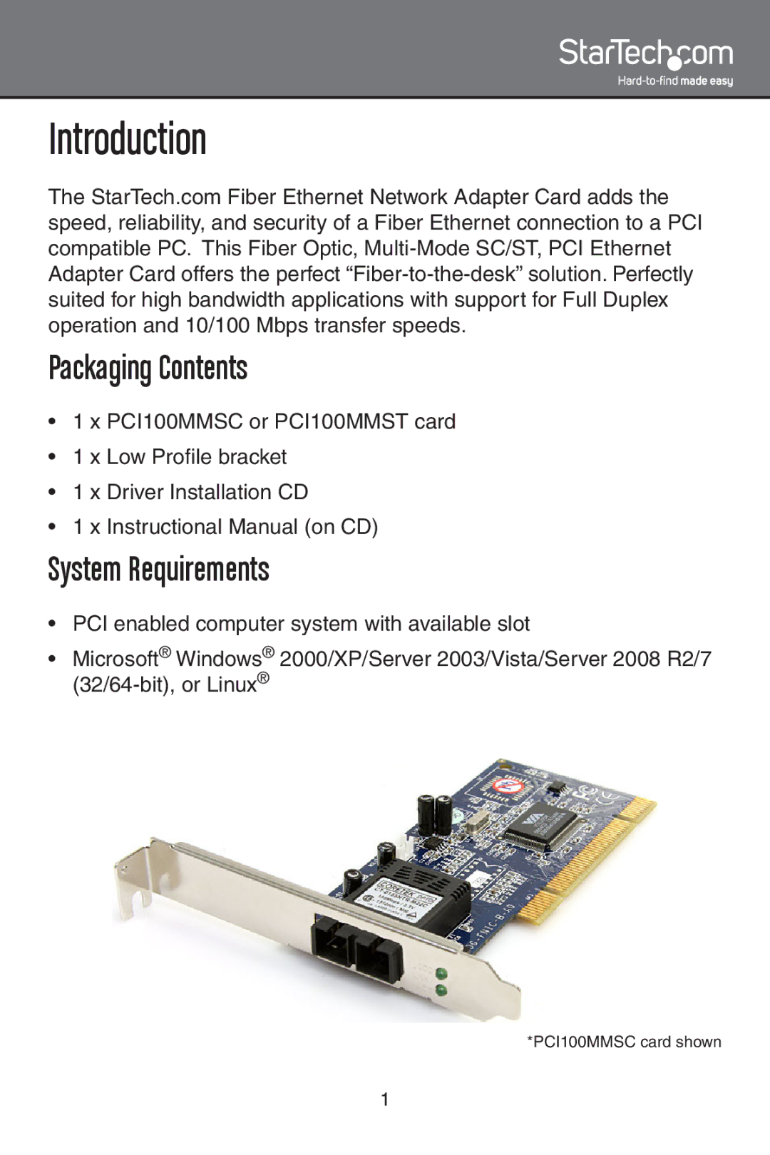 StarTech.com PCI100MMSC, PCI100MMST instruction manual Introduction, Packaging Contents, System Requirements 