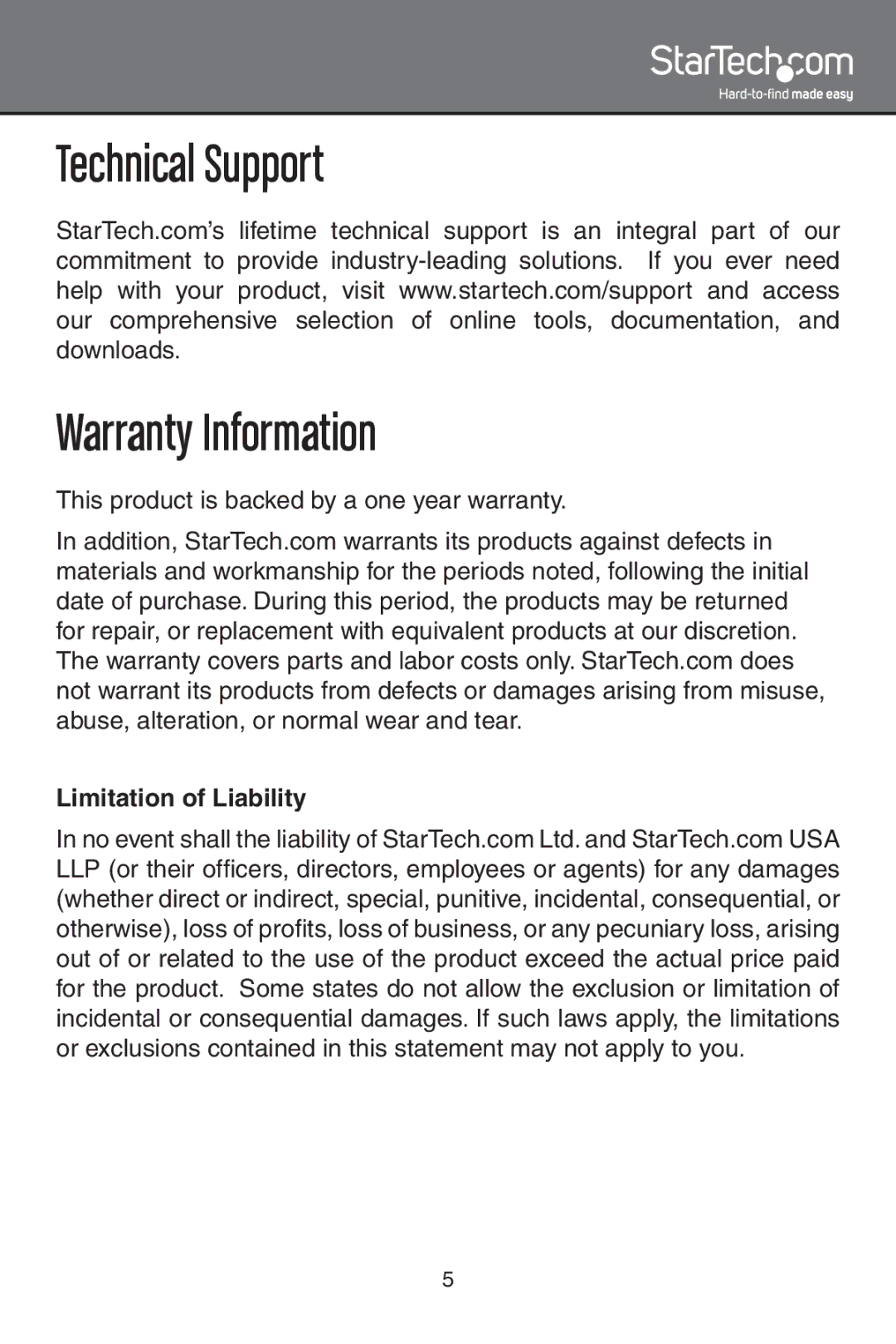 StarTech.com PCI100MMSC, PCI100MMST instruction manual Technical Support Warranty Information, Limitation of Liability 