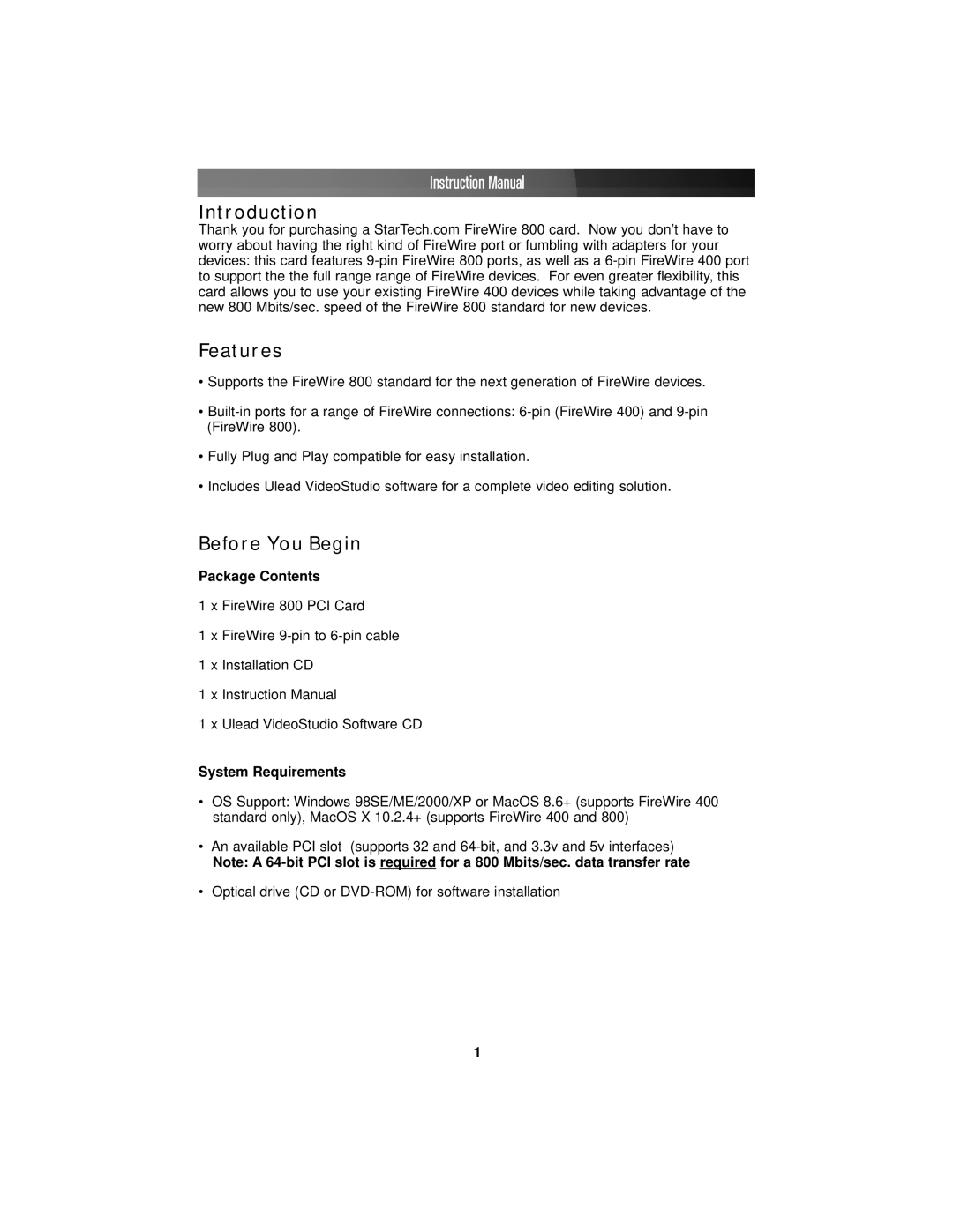 StarTech.com PCI1394B_3 instruction manual Introduction Features, Before You Begin, Package Contents, System Requirements 