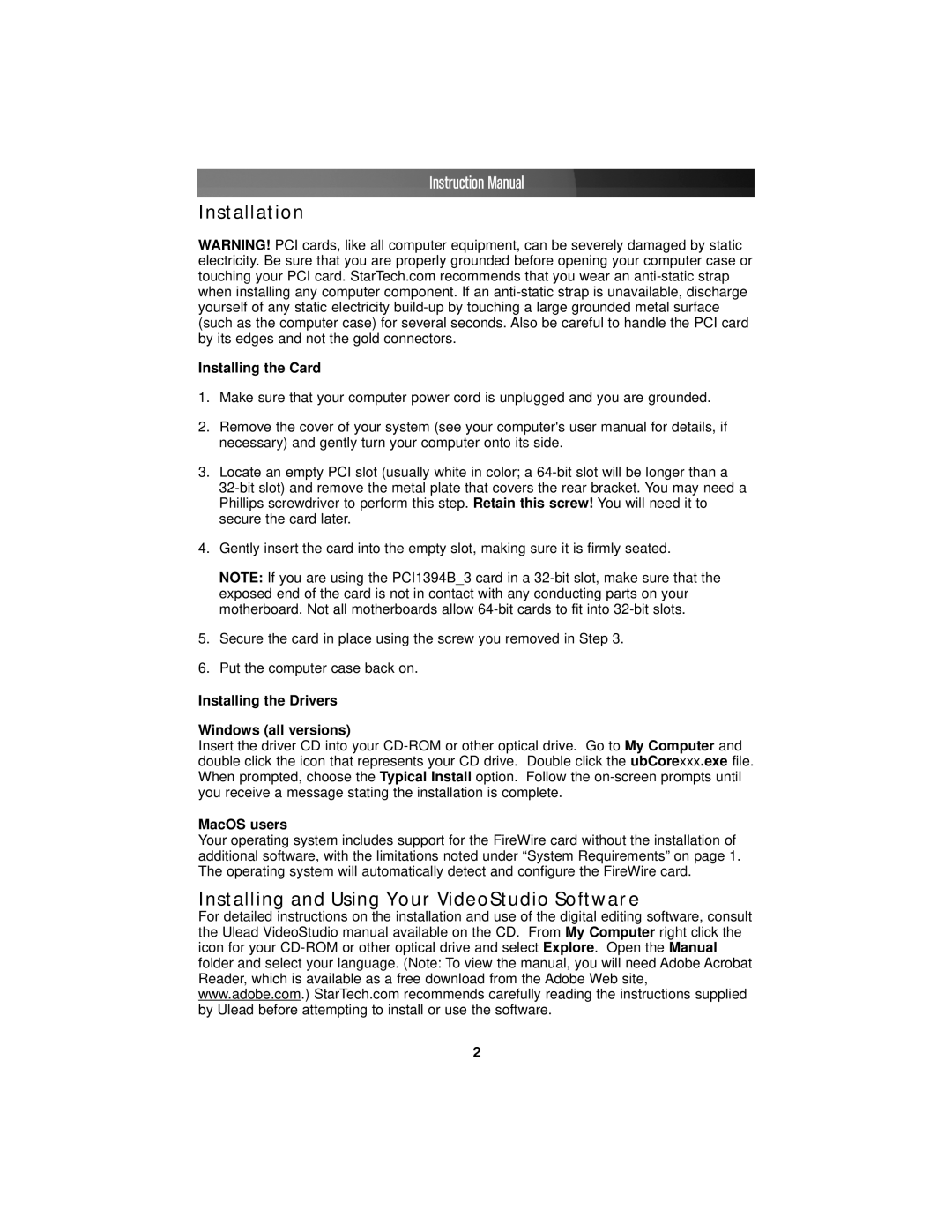 StarTech.com PCI1394B_3 Installation, Installing and Using Your VideoStudio Software, Installing the Card, MacOS users 