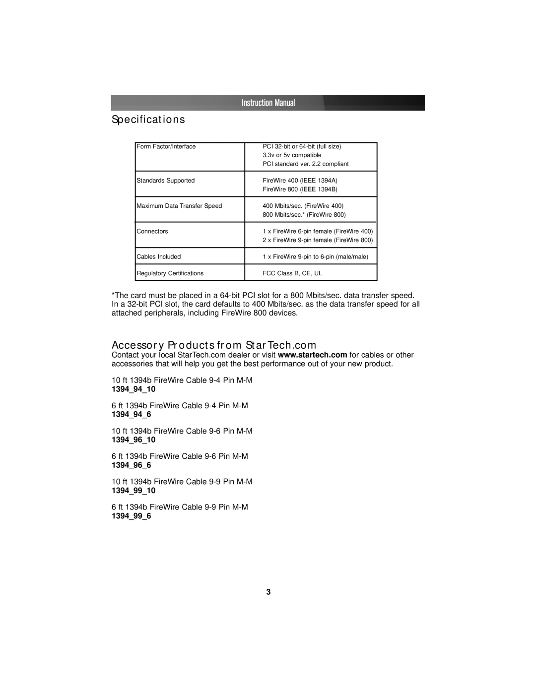 StarTech.com PCI1394B_3 instruction manual Specifications, Accessory Products from StarTech.com 