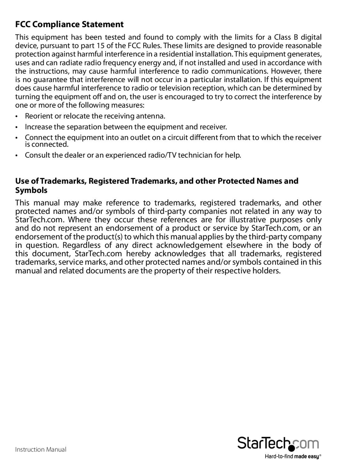 StarTech.com PCI2S232485I manual FCC Compliance Statement 