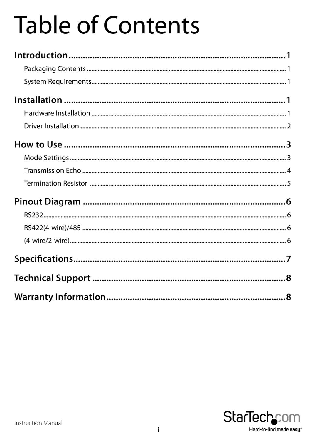 StarTech.com PCI2S232485I manual Table of Contents 