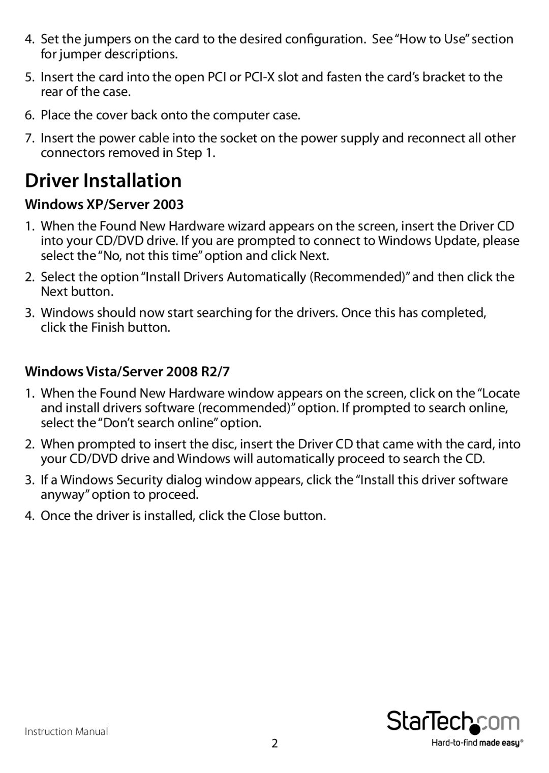 StarTech.com PCI2S232485I manual Driver Installation, Windows XP/Server 