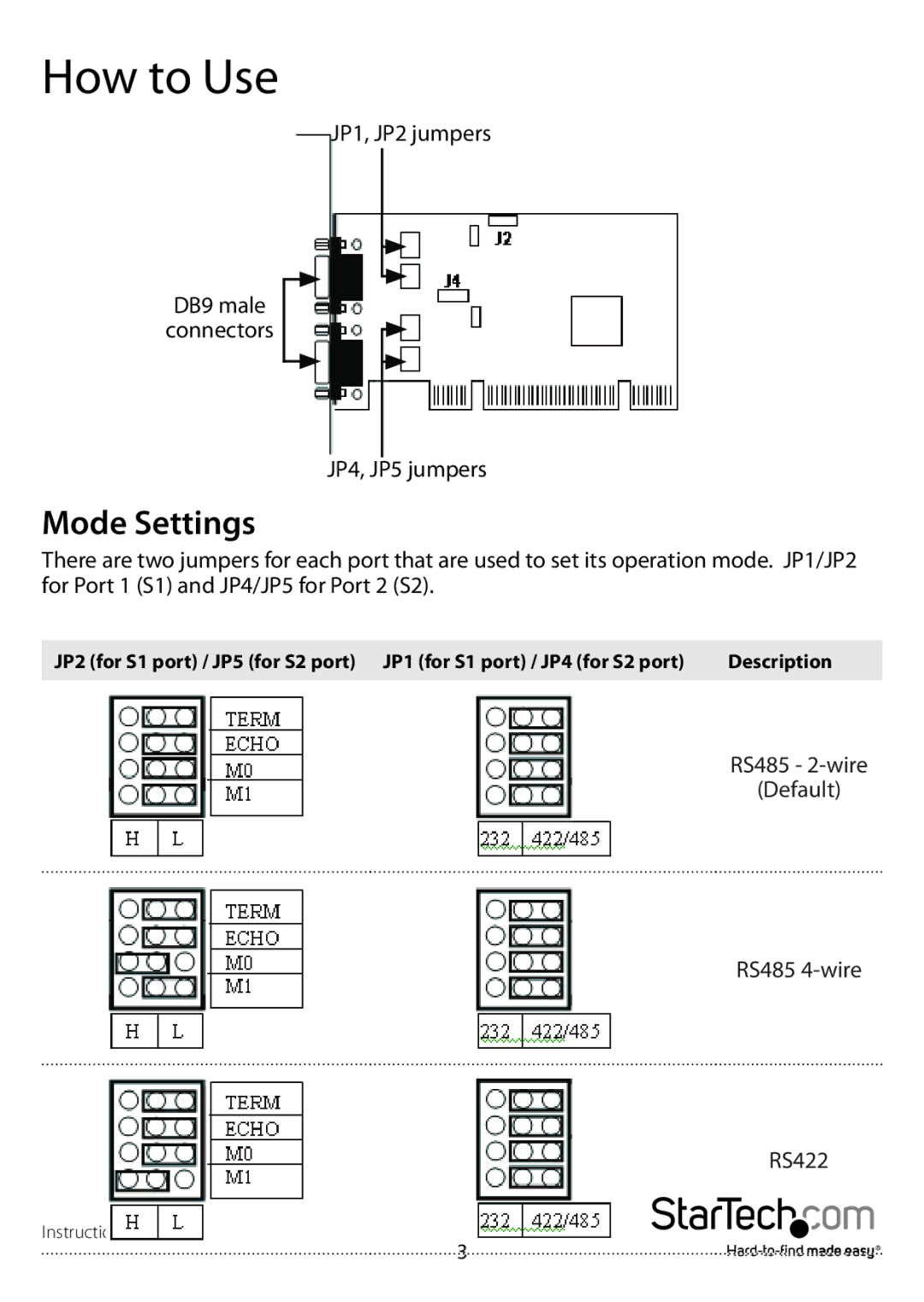 StarTech.com PCI2S232485I manual How to Use, Mode Settings 