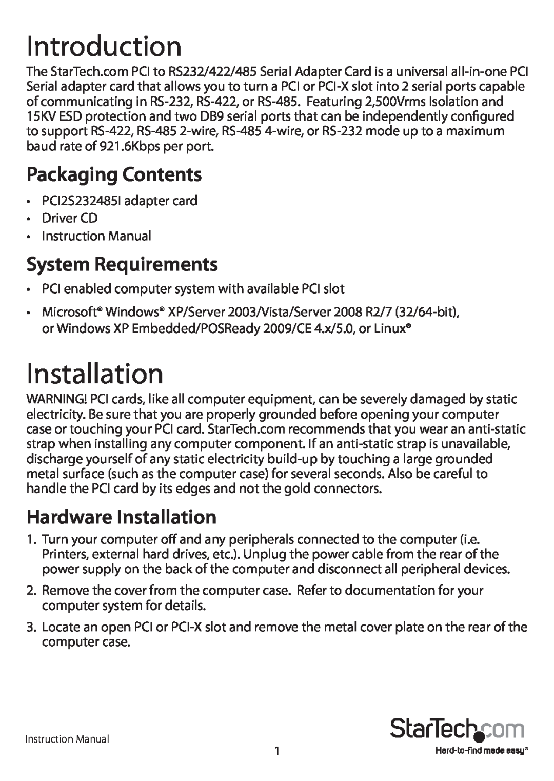 StarTech.com PCI2S232485I manual Introduction, Packaging Contents, System Requirements, Hardware Installation 