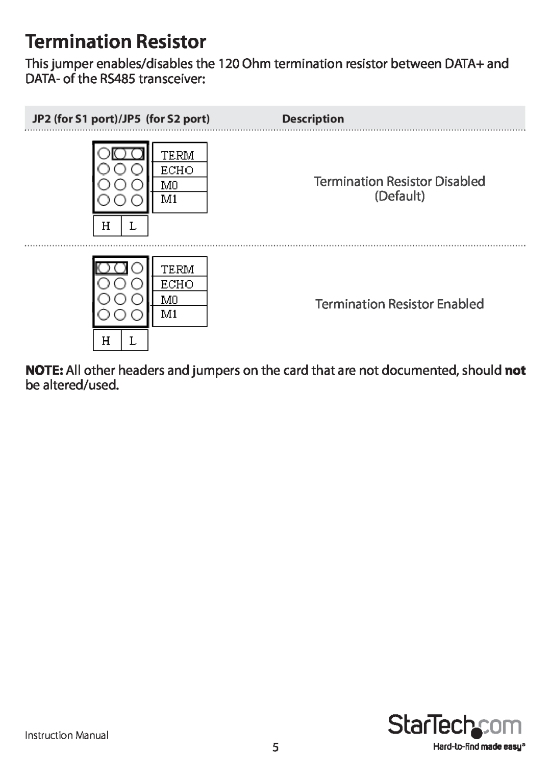 StarTech.com PCI2S232485I manual Termination Resistor Disabled Default Termination Resistor Enabled 