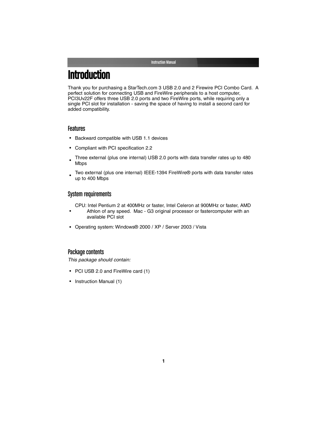 StarTech.com PCI3UV22F instruction manual Introduction, Features, System requirements, Package contents 