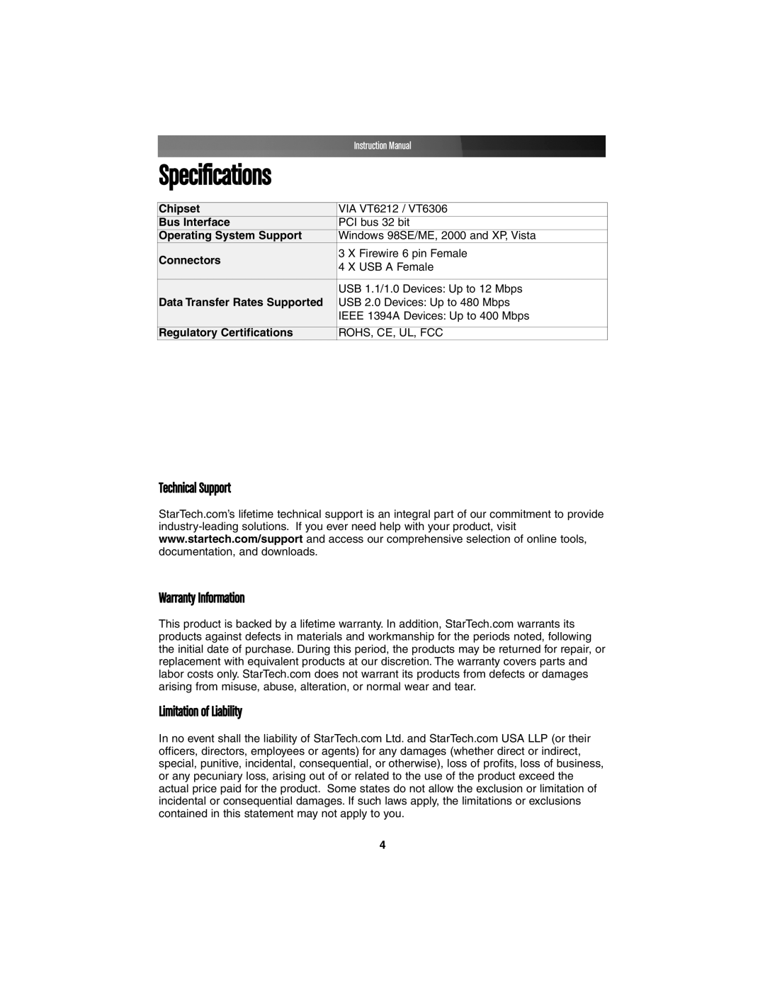 StarTech.com PCI3UV22F instruction manual Specifications 