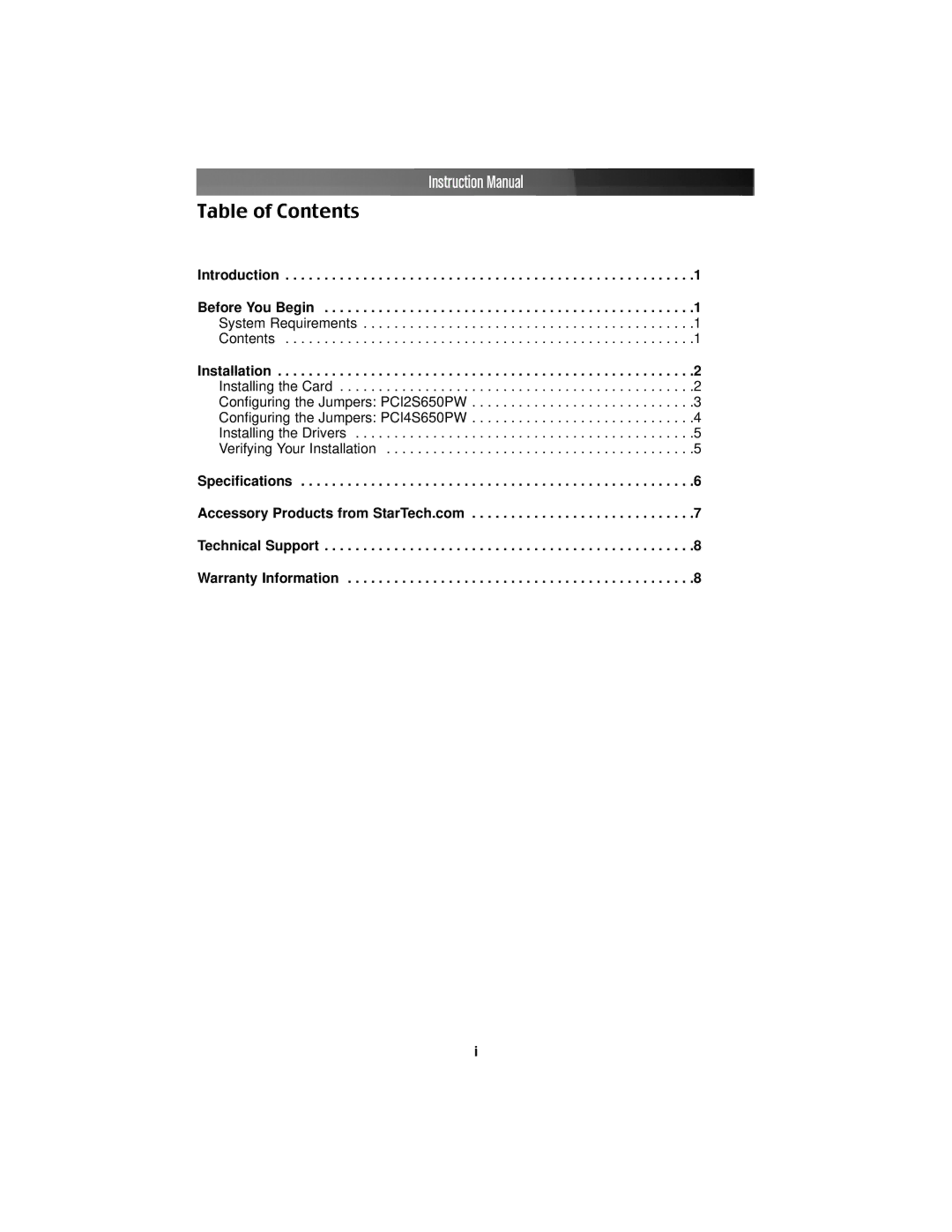 StarTech.com PCI2S650PW, PCI4S650PW instruction manual Table of Contents 