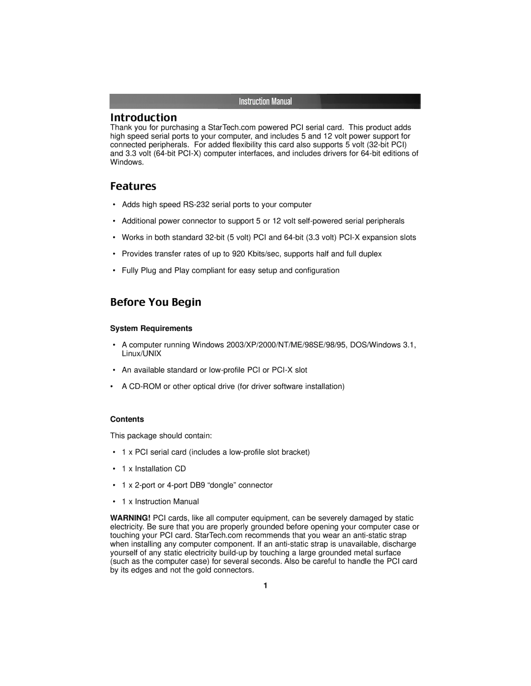 StarTech.com PCI4S650PW, PCI2S650PW Introduction Features, Before You Begin, System Requirements, Contents 