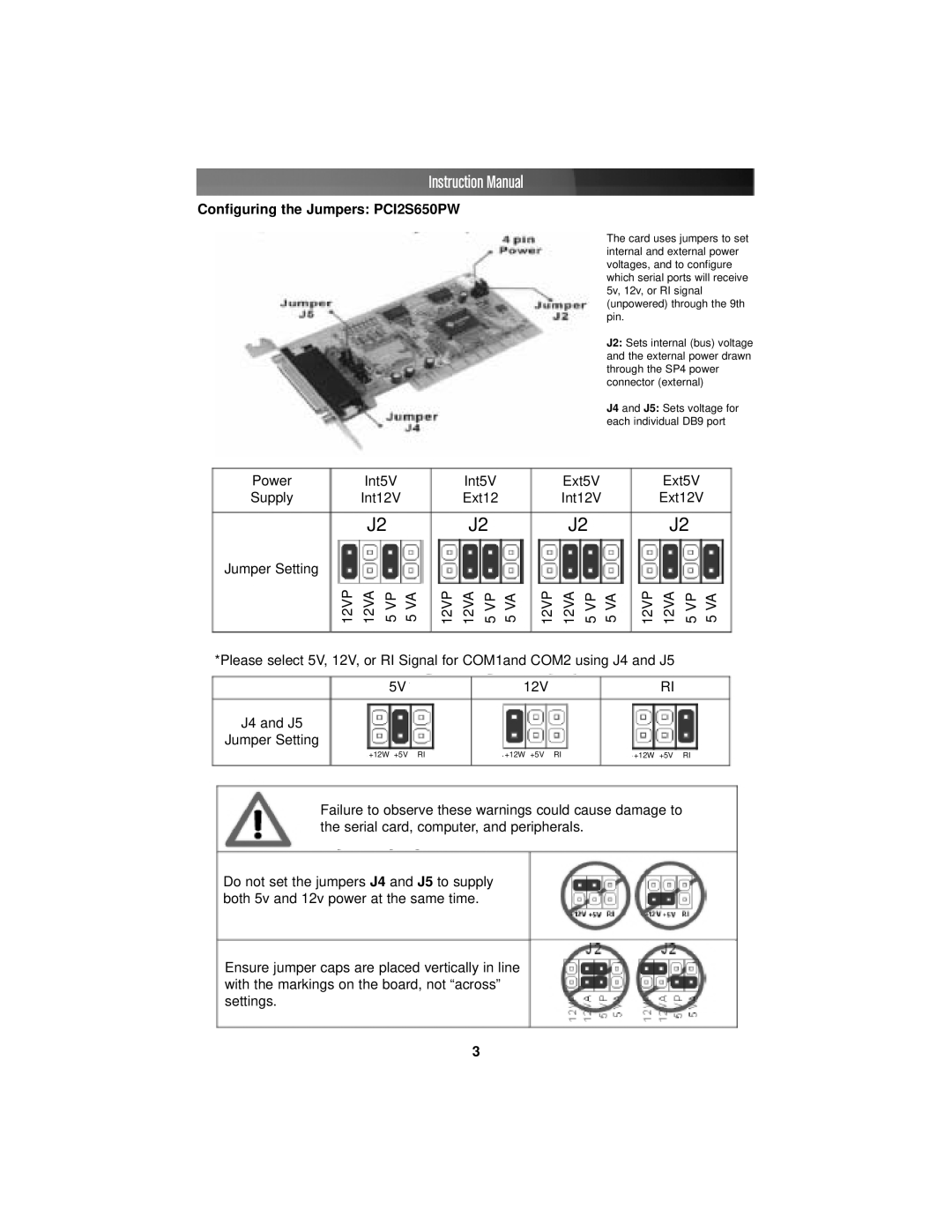 StarTech.com PCI4S650PW Instruction Manual, Configuring the Jumpers PCI2S650PW, J4 and J5, Jumper Setting 