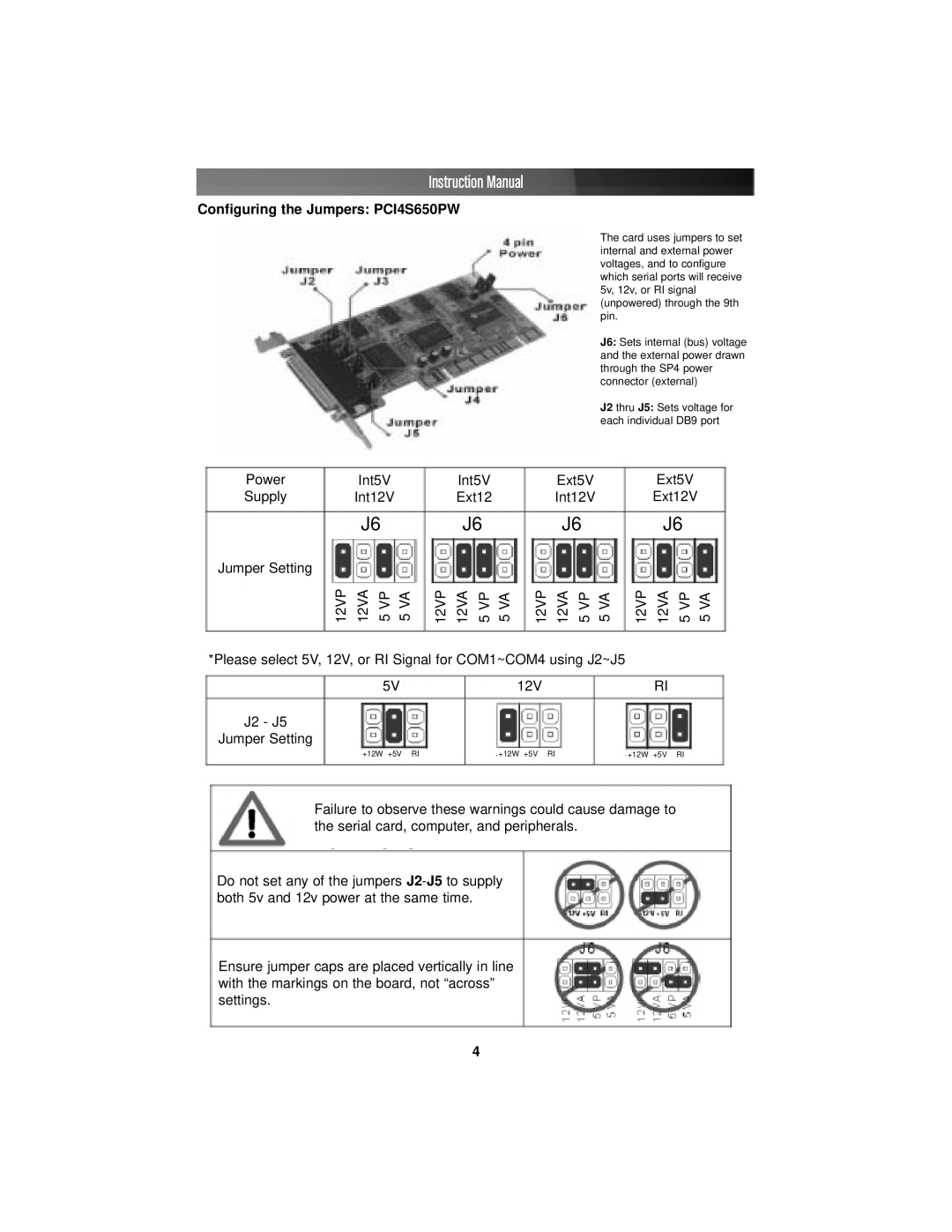 StarTech.com PCI2S650PW instruction manual Instruction Manual, Configuring the Jumpers PCI4S650PW 