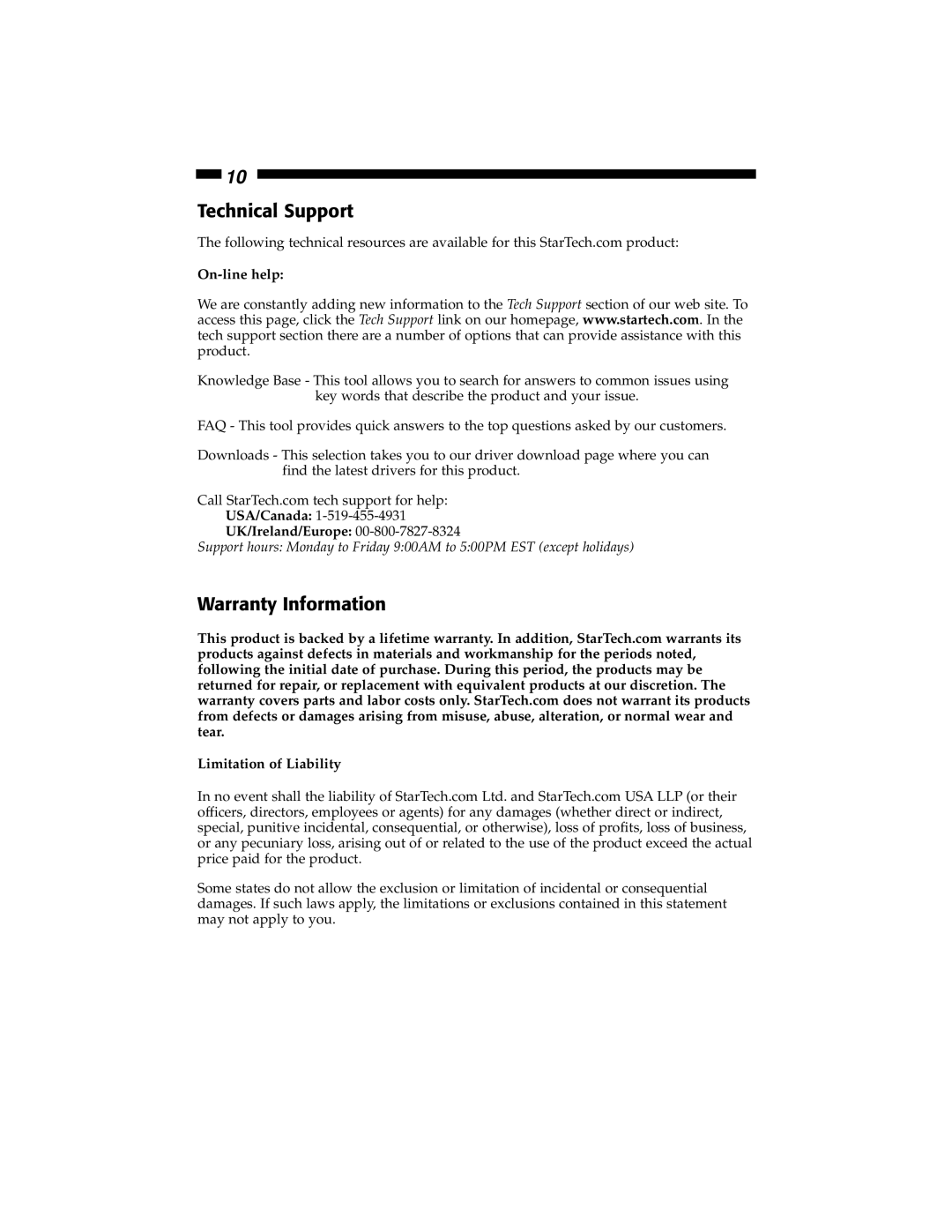 StarTech.com PCI4S9503V Technical Support, Warranty Information, On-line help, UK/Ireland/Europe, Limitation of Liability 