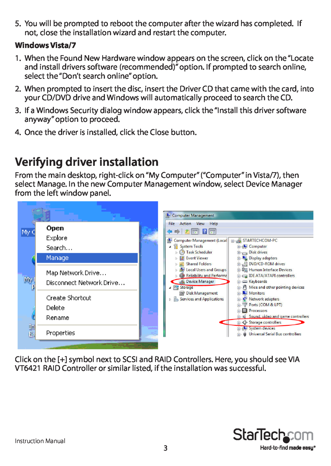 StarTech.com PCISAT2IDE1 manual Verifying driver installation, Windows Vista/7 