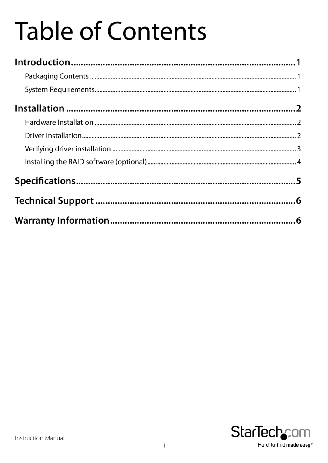 StarTech.com PCISAT2IDE1 manual Table of Contents 