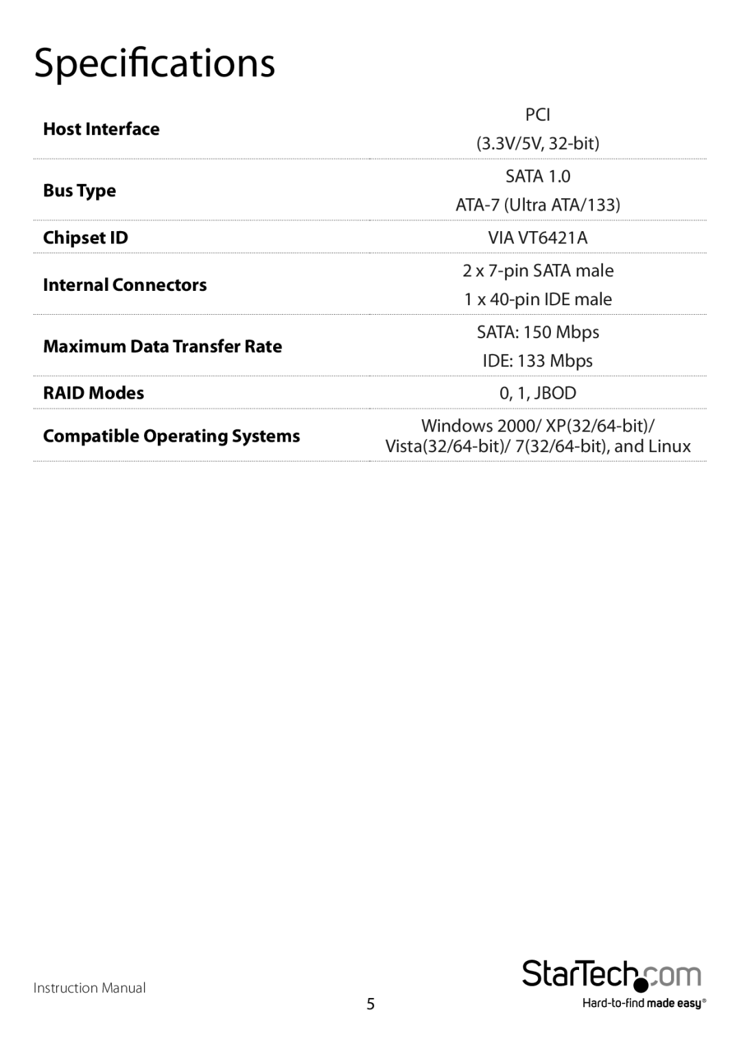 StarTech.com PCISAT2IDE1 manual Specifications 