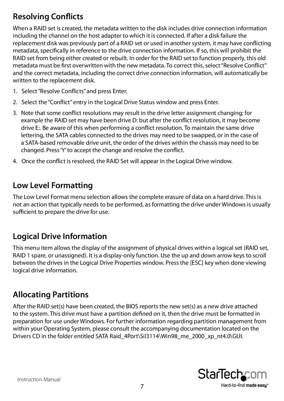 StarTech.com PCISATA4R1 manual Resolving Conflicts, Low Level Formatting, Logical Drive Information, Allocating Partitions 