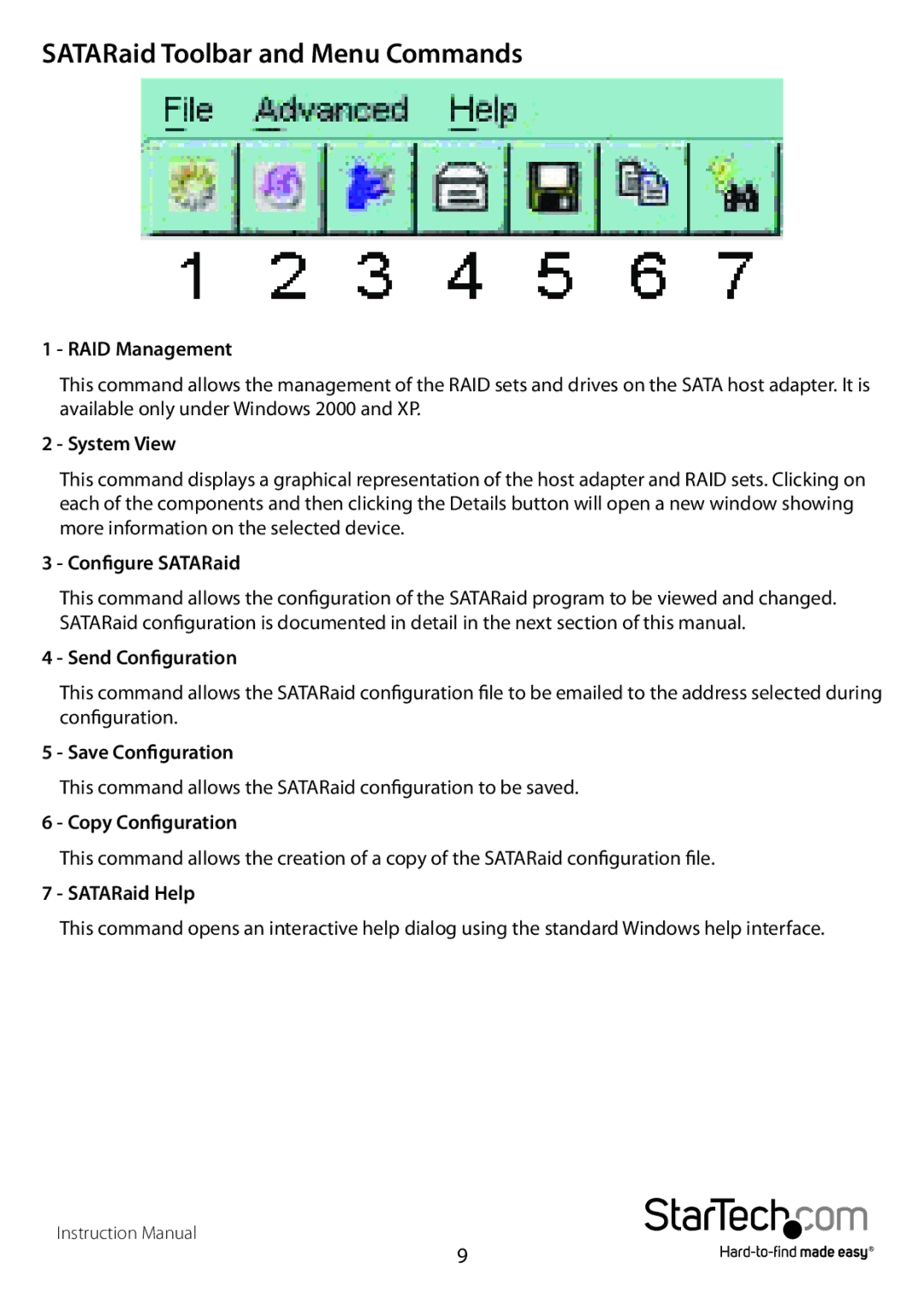 StarTech.com PCISATA4R1 manual SATARaid Toolbar and Menu Commands 