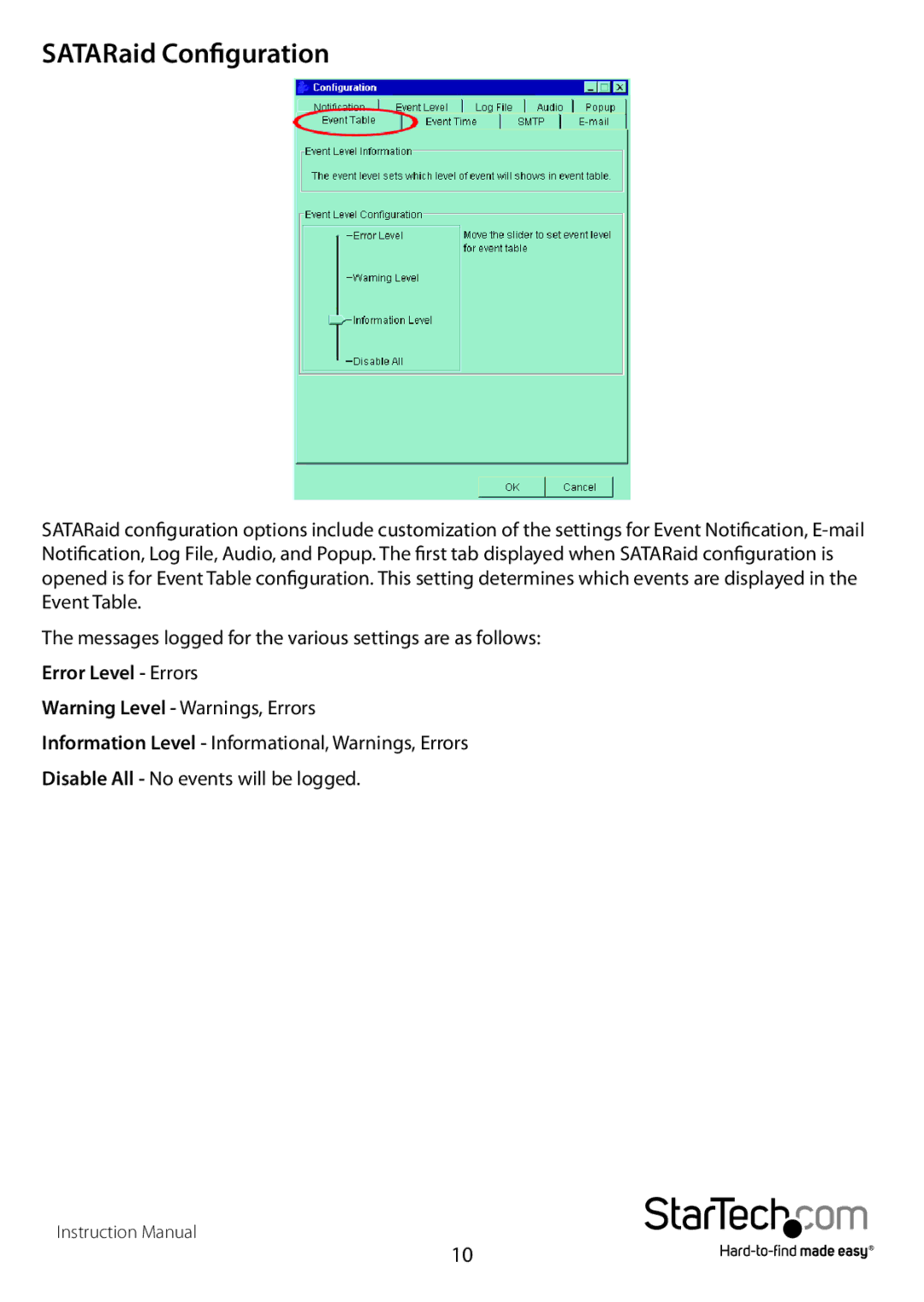 StarTech.com PCISATA4R1 manual SATARaid Configuration, Error Level Errors 