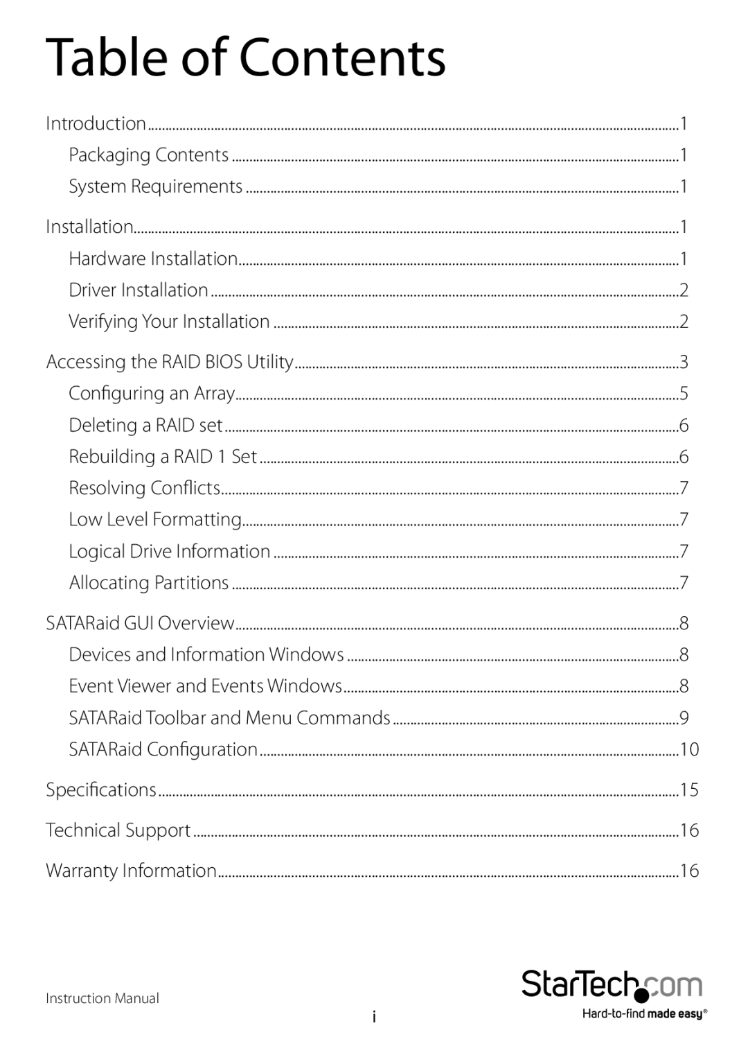 StarTech.com PCISATA4R1 manual Table of Contents 