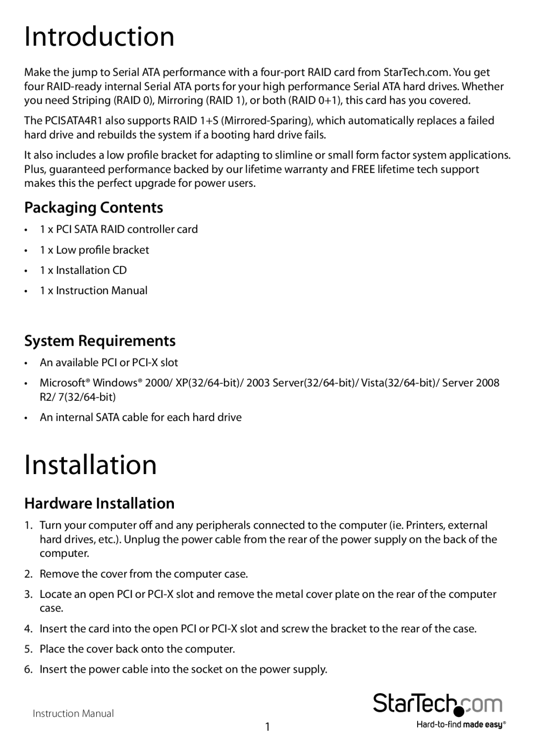 StarTech.com PCISATA4R1 manual Introduction, Packaging Contents, System Requirements, Hardware Installation 