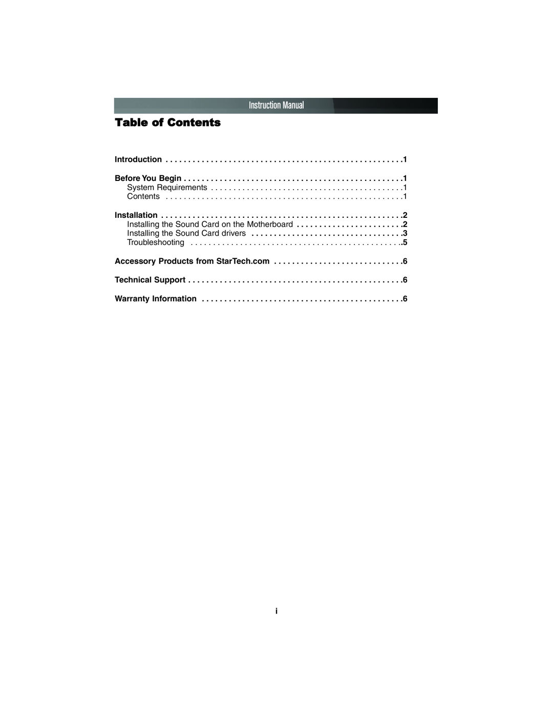 StarTech.com PCISOUND4CH instruction manual Table of Contents 