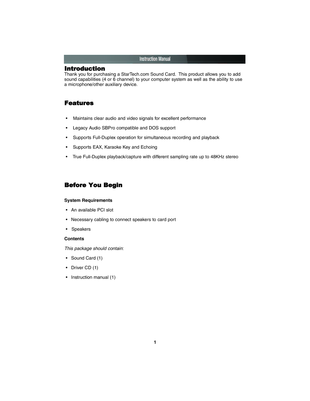 StarTech.com PCISOUND4CH instruction manual Introduction Features, Before You Begin, System Requirements, Contents 