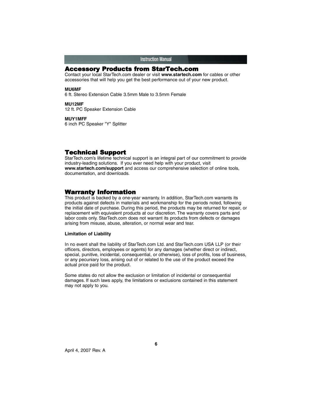 StarTech.com PCISOUND4CH instruction manual Accessory Products from StarTech.com, Technical Support Warranty Information 