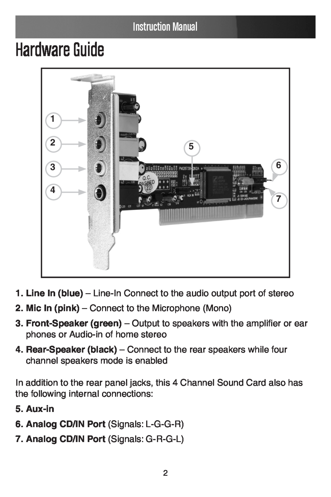 StarTech.com PCISOUND4LP Hardware Guide, Aux-in 6. Analog CD/IN Port Signals L-G-G-R, Analog CD/IN Port Signals G-R-G-L 