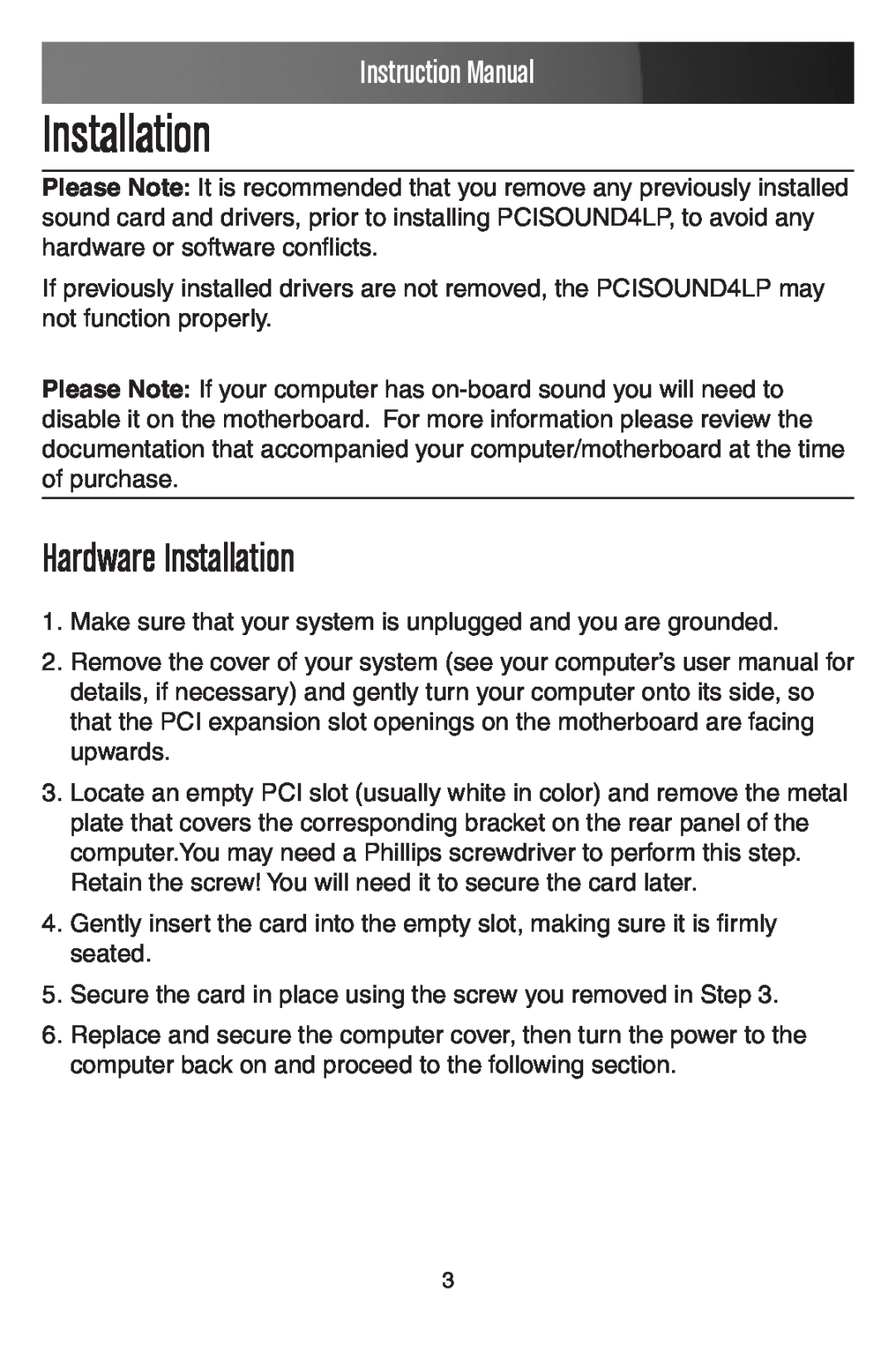 StarTech.com PCISOUND4LP manual Hardware Installation, Instruction Manual 