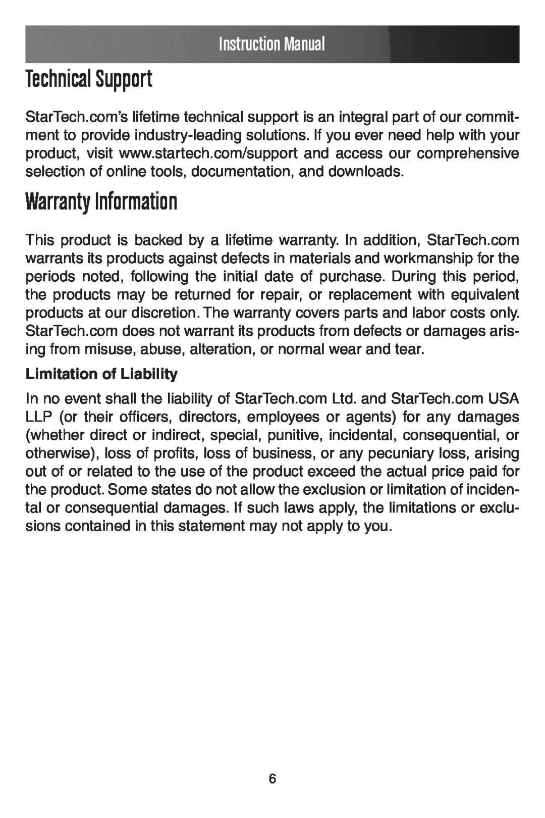 StarTech.com PCISOUND4LP manual Technical Support, Warranty Information, Limitation of Liability, Instruction Manual 