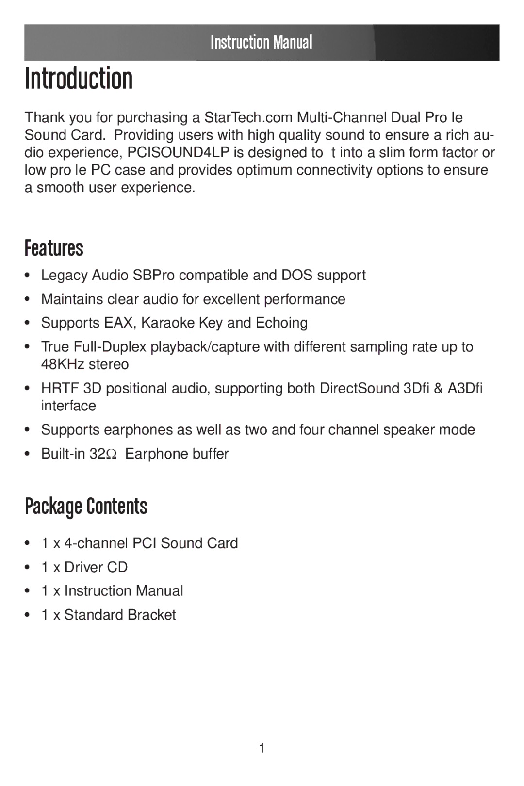 StarTech.com PCISOUND4LP manual Introduction, Features, Package Contents 