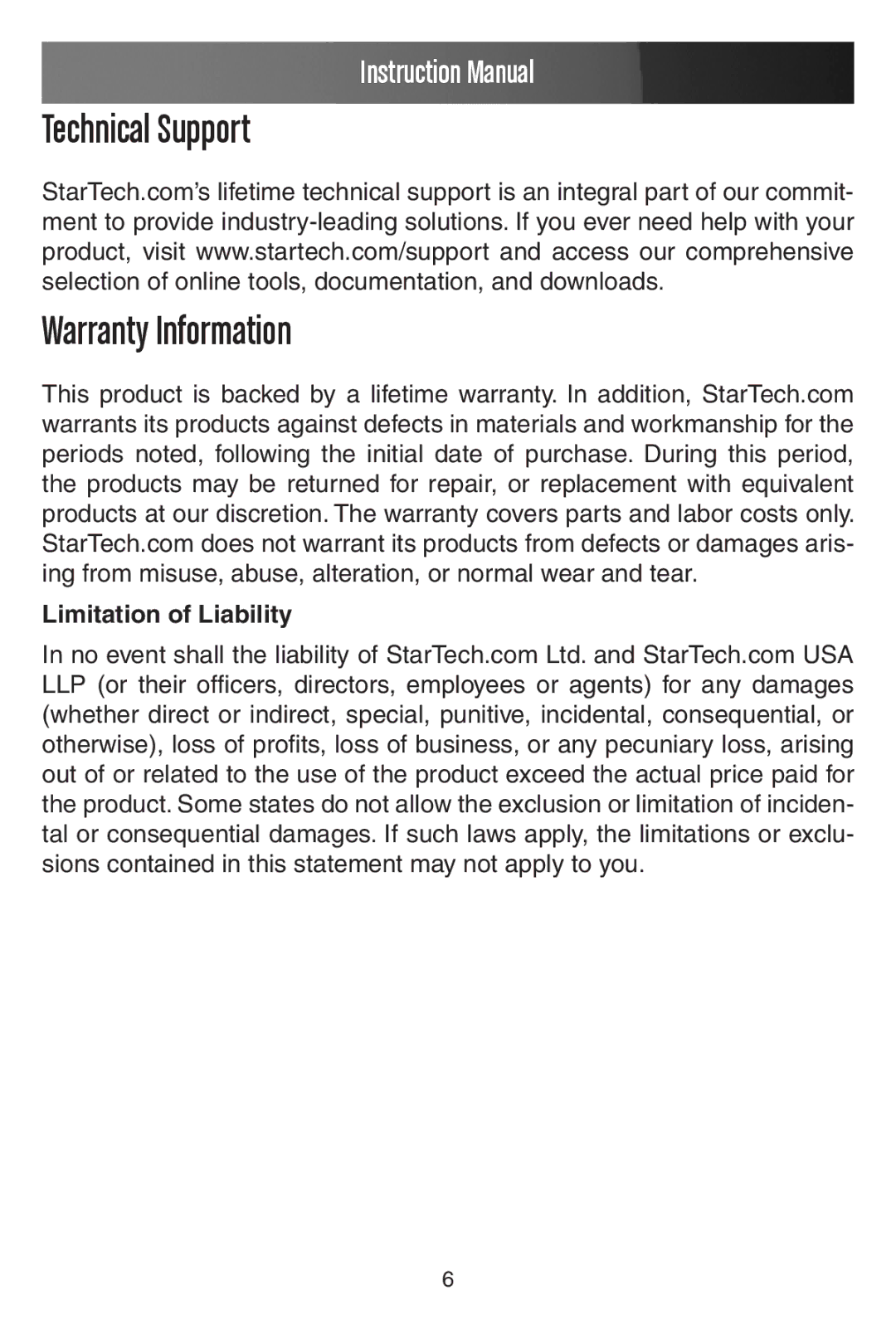 StarTech.com PCISOUND4LP manual Technical Support Warranty Information 