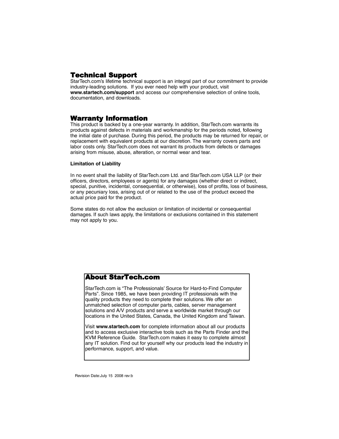 StarTech.com PCISOUND5CH Technical Support Warranty Information, About StarTech.com, Limitation of Liability 