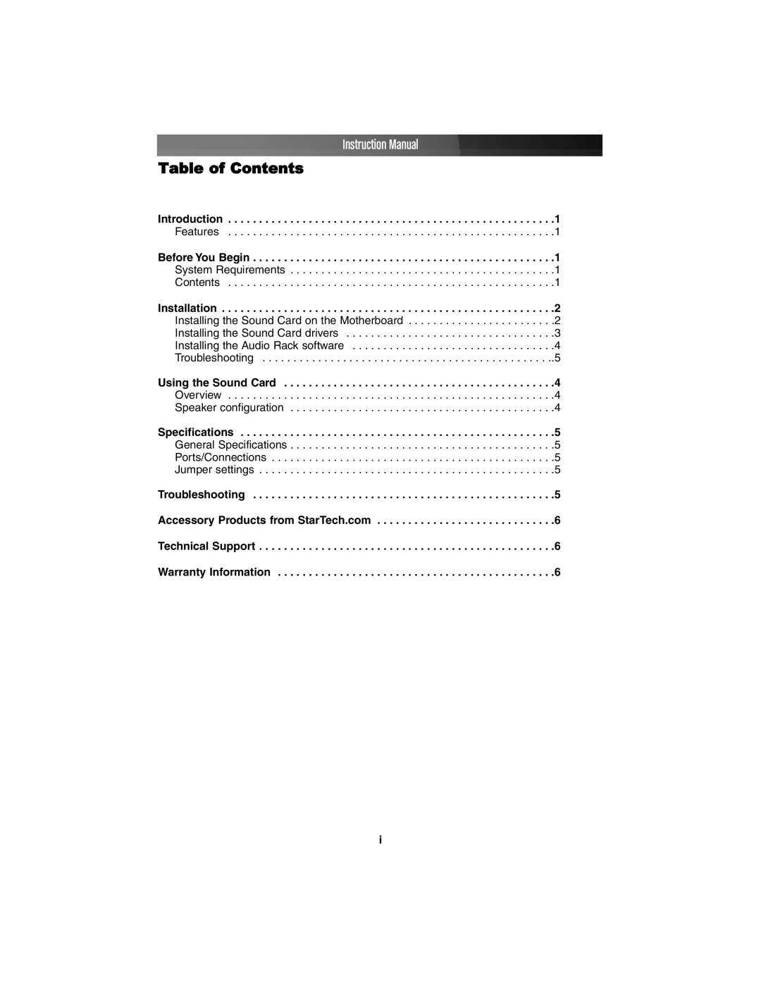 StarTech.com PCISOUND5CH instruction manual Table of Contents 