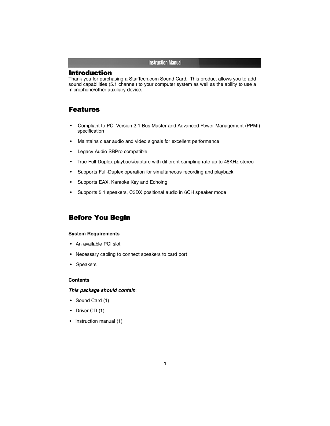 StarTech.com PCISOUND5CH instruction manual Introduction Features, Before You Begin, System Requirements, Contents 